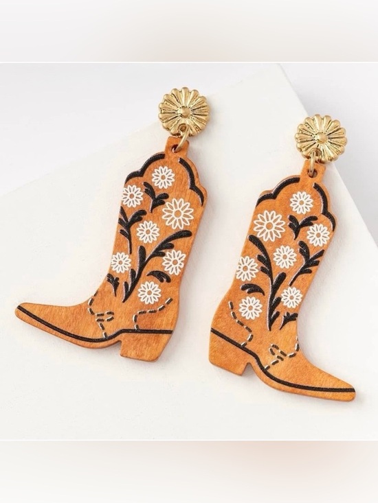 Plunder Jewelry - Plunder Cowboy Boot Floral Drop Earrings - Tan & Gold Tones